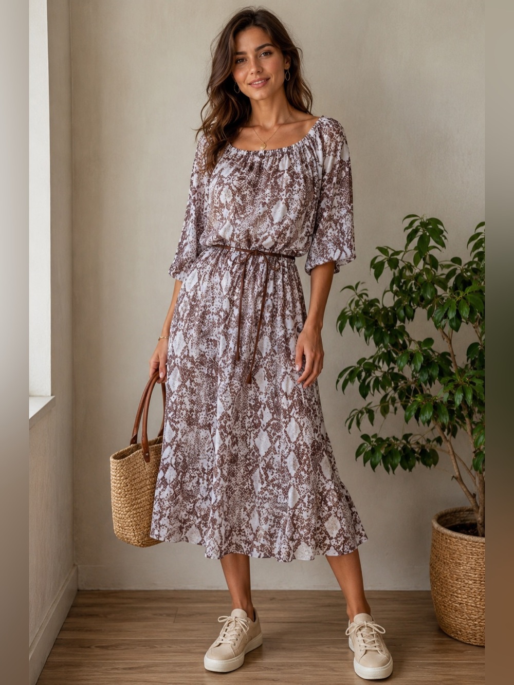LOFT snake print elastic scoop neck drawstring light weight dress